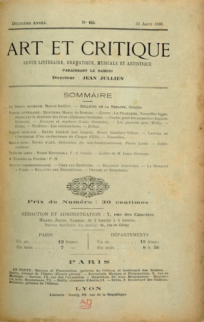 Frontespizio della rivista "Art et Critique", 23 agosto 1890 da Unbekannt Unbekannt